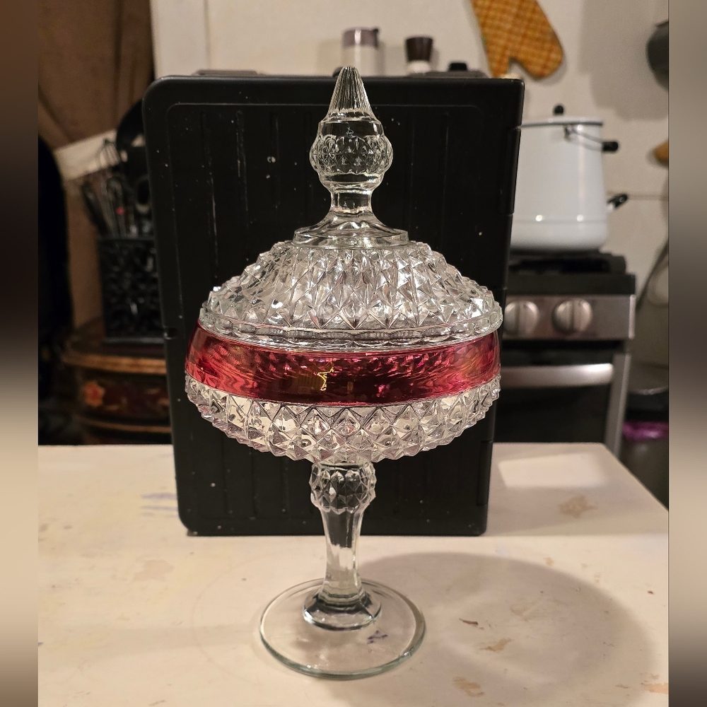 Vintage Indiana Glass Diamond Point Ruby Red Covered Pedestal Dish